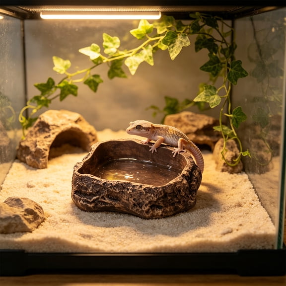 Brown Imitation Crag Reptile Water Food Bowl 4.13x2.95in Sturdy Non slips Tortoise Bath Dish Heavy Feeding Bowl for Lizard Snake Terrarium Habitat