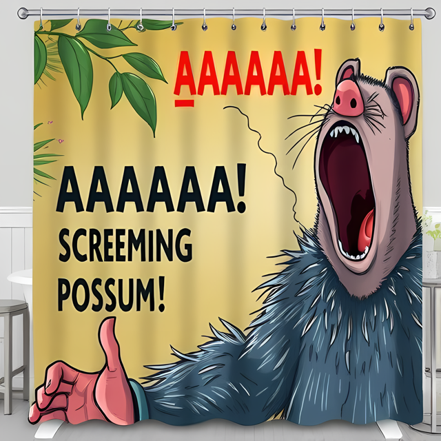Screaming Possum Shower Curtain - Fun Cartoon Design with Tropical Leaves Perfect for a Whimsical Bathroom