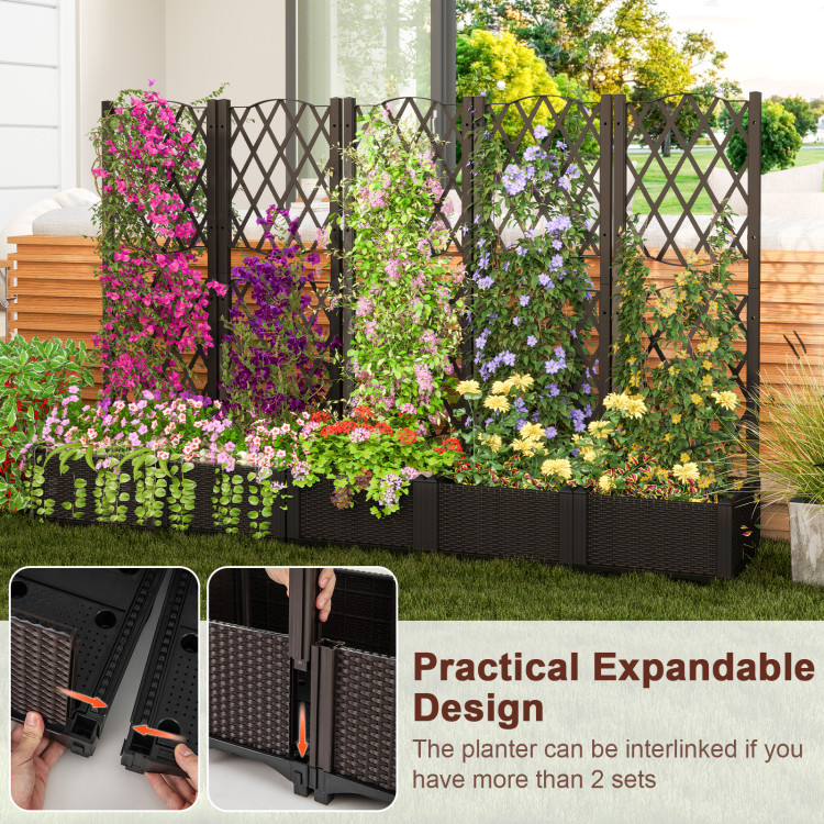 Demifill Raised Garden Bed with Trellis Planter Box for Climbing Plants, 16 inch Length Raised Garden Beds, Brown