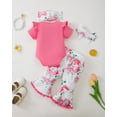 thumbnail image 3 of KIMI BEAR Infant Baby Girls Outfits 12-18 Months Summer Clothes Set Ruffle Short Sleeves Letter Print Romper Top Floral Flared Pants Sets with 2pcs Headbands 4pcs Pink, 3 of 10