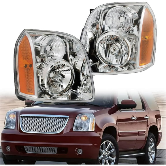 waltyotur Headlights Assembly Replacement for 2007-2014 Yukon Denali XL 1500 2500 Chrome Headlamps Left and Right Side