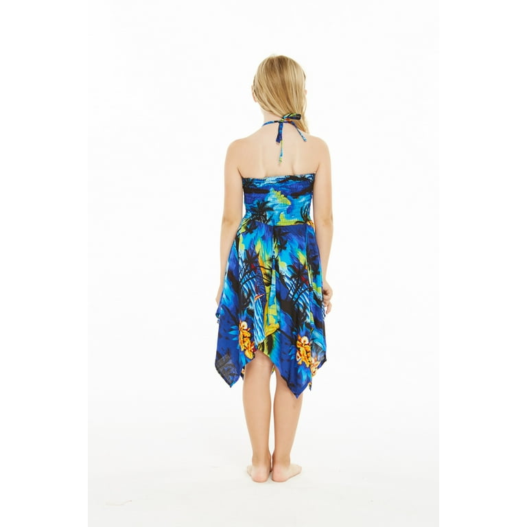 Girl Gypsy Uneven Bottom Hawaiian Luau Dress in Blue Sunset Size 8
