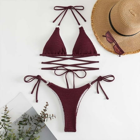 Sexy Wine Red Halter Swimwear Micro Thong Bikinis Set Mujer String Cross Lace-up Mini Swimsuits Women Bathing Swimming Suit Wear