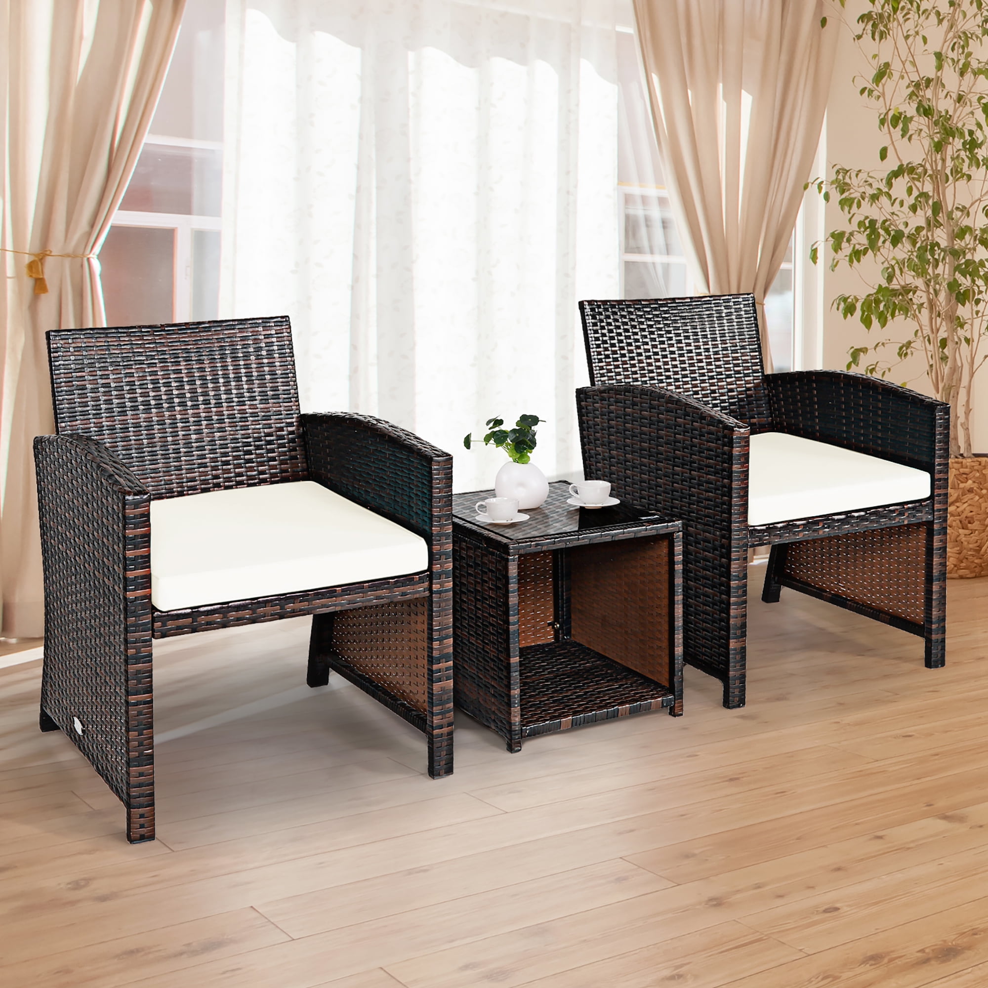 Costway 3PCS Patio Rattan Wicker Furniture Cushion Sofa Coffee Table White