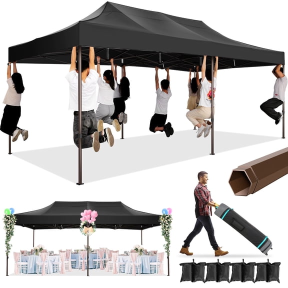 SANOPY 10' x 20' Heavy Duty Pop up Canopy, Instant Commercial Tent for Party with Coffee Upgraded Hexagonal Bracket, Portable Gazebo with 4 Sangbags, Roller Bag, Black