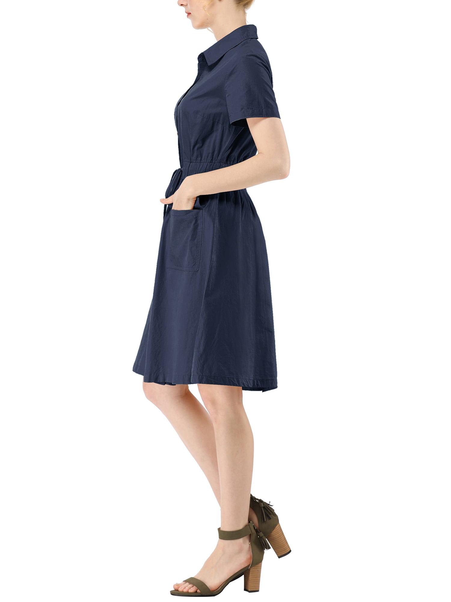 DARING DIVA Collar Elastic Waist Above Knee Dress with Pocket XL Blue
