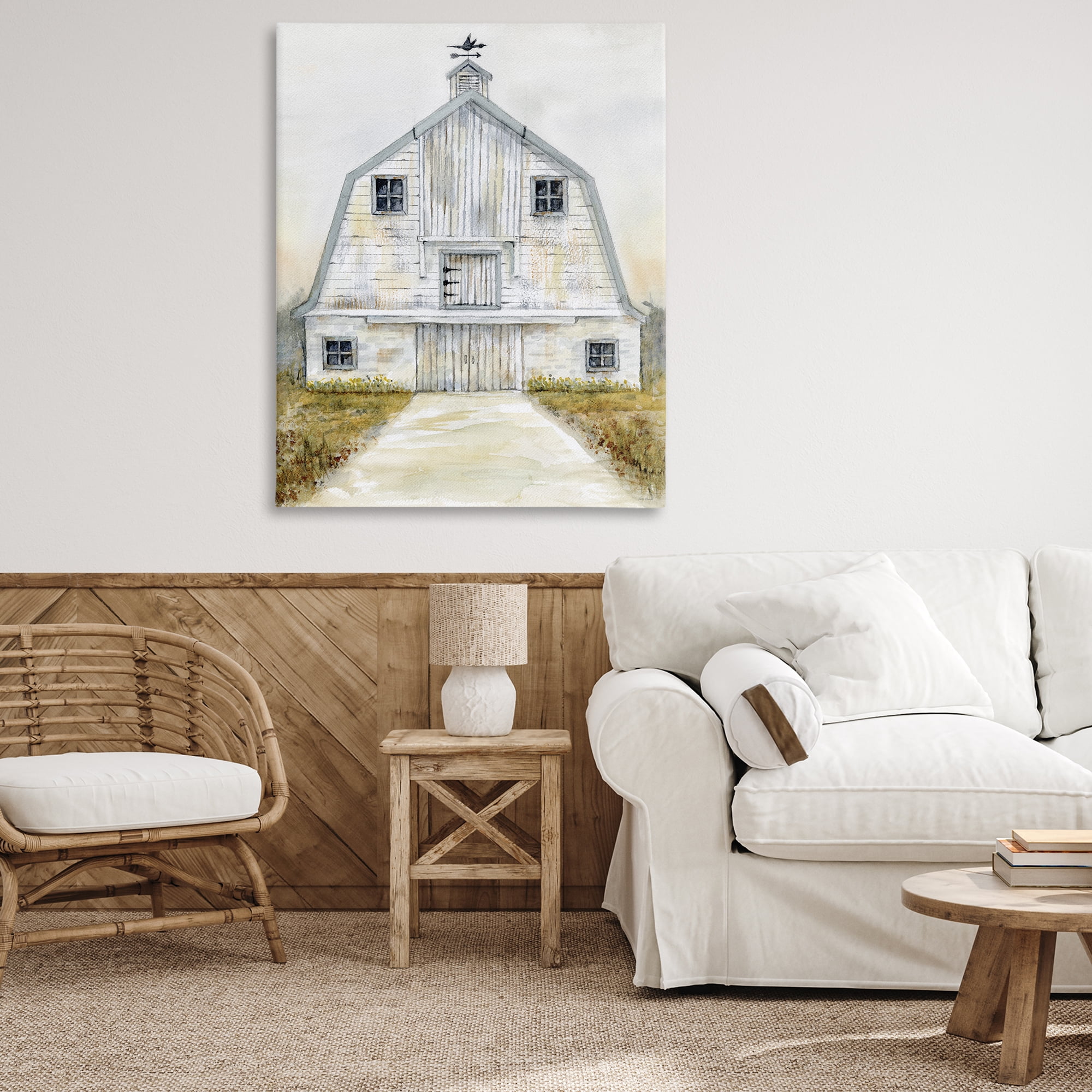 Stupell Industries White Barn Grey Trim Landscape Painting Gallery Wrapped Canvas Art Print Wall Art, 36 x 48