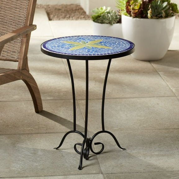 Teal Island Designs Rustic Black Round Outdoor Accent Side Table 17 1/2" Wide Blue Yellow Mosaic Tabletop for Front Porch Patio Home House