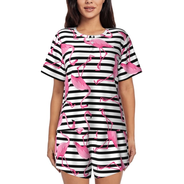 Fotbe Flamingos Conjunto de Pijama Estampado para Mujer, 2 Piezas, Ropa de Dormir con Camiseta de Manga Corta y Shorts Suaves-Small