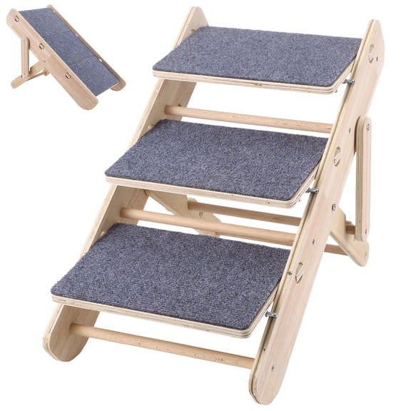 Foldable Wooden Pet Stairs, 2-in-1 Dog Steps for Beds Cars Couches, 3-Tier Anti-Slip Indoor Ramp for Small Animals
