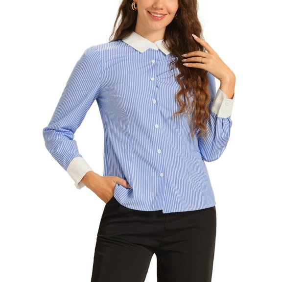 INSPIRE CHIC Women's Shirt Striped Contrast Collar Long Sleeve Button Down Shirts XS Blue