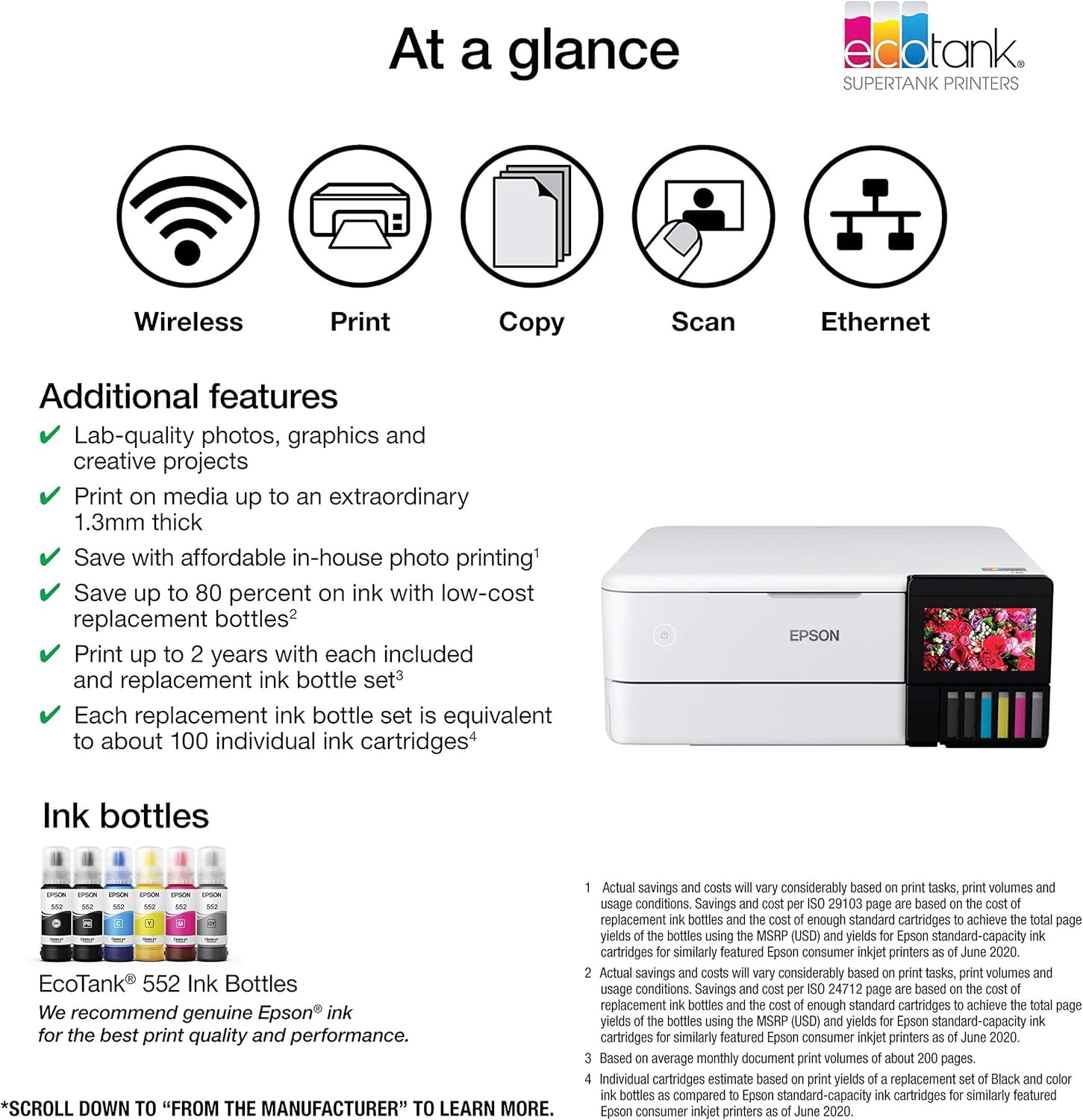 Epson EcoTank Photo ET-8500 Wireless Color All-in-One Supertank Printer with Scanner Copier, Ethernet and 4.3-inch Colorfull Touchscreen - White (Sold without manufacturer warranty)