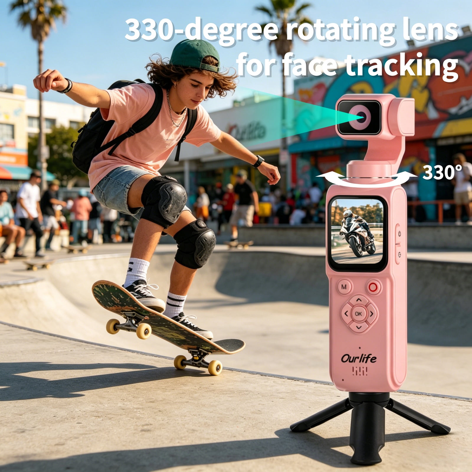 Ourlife Handheld Gimbal WIFI Camera 4K - 64MP Autofocus, 18x Zoom, Touchscreen, Face Tracking, Action Cam Travel Pocket Vlogging Camera with 64GB Card, Pink