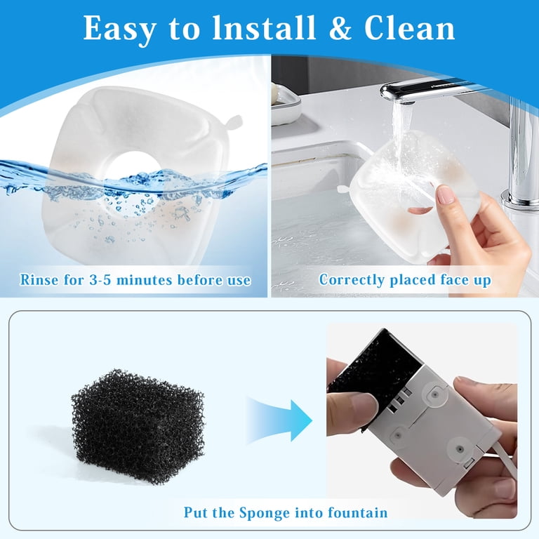 Square Cat Water Fountain Filters For VEKEN 67oz, 95oz, 135oz Fountains – 6 Filters & 6 Sponges – 3-in-1 Filtration