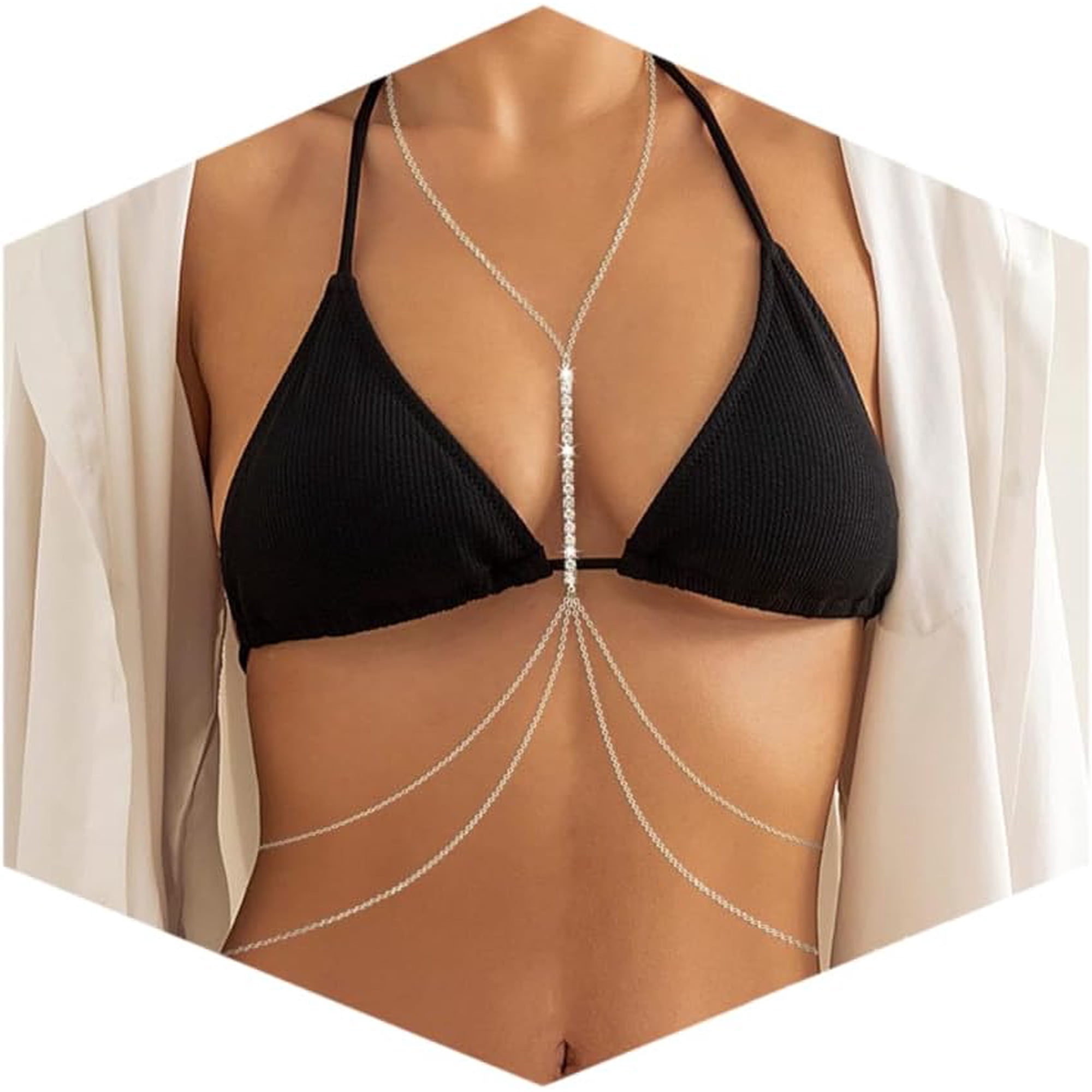 BOOTOOL Silver-tone Layered Body Chain for Women, Rhinestone Crisscross Bikini Chest & Waist Chain Set – Summer Beach Accessory