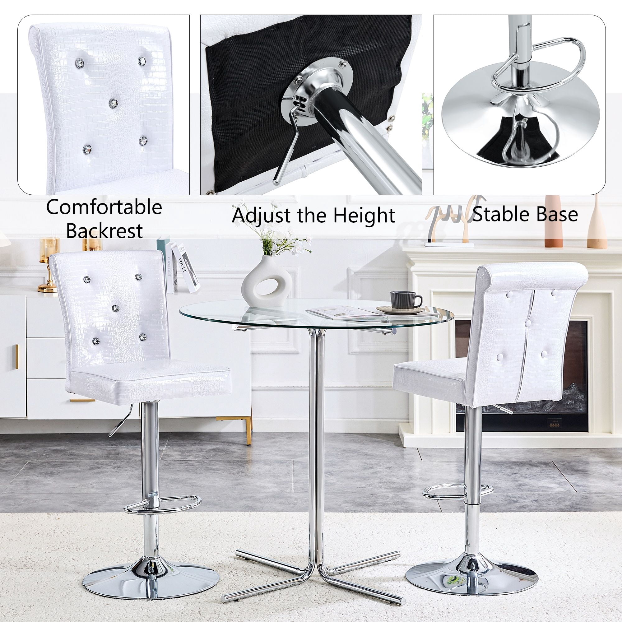 Alvantor Set of 2 White Crocodile Faux Leather Lift Bar Chairs with Crystal Accents