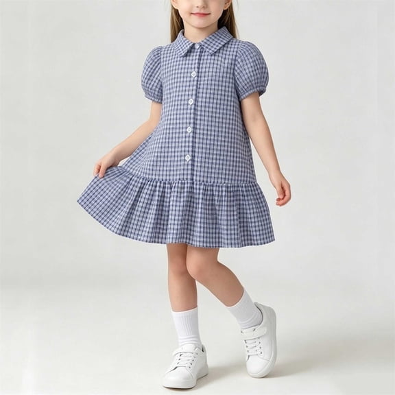 Piuwrlz Girls Back to School Dresses Uniform Preppy Dress Comfortable Lapel Collar A-Line Princess Skirts Blue Size 5-6 Years