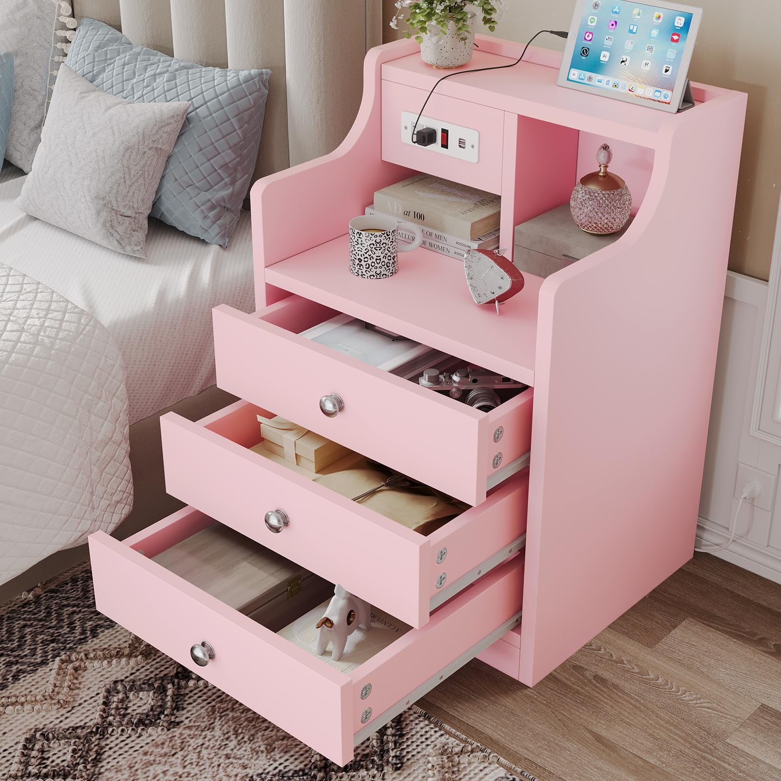 AMUZER Nightstand with Charging Station, Night Stand with 3 Drawers and Open Storage, Bedside Table with 2 USB Ports & 2 Outlets, Modern End Table Bedroom, Pink