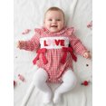 thumbnail image 6 of BemeyourBBs Newborn Baby Girl Valentines Day Outfit Gingham Plaid Bubbel Rompers Puff Long Sleeve Letters Embroidery Bow Decor Bubble Bodysuit Infant Spring Clothes, 6 of 9
