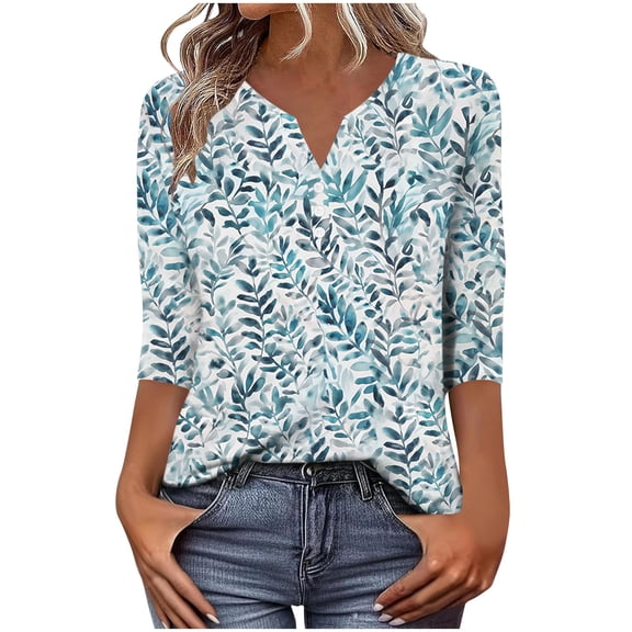 Jsaierl Women's 3/4 Sleeve Tops Summer Button Up V Neck Shirts Dressy Print Ladies Blouses Workout Loose Fit Tunic Top S-3XL