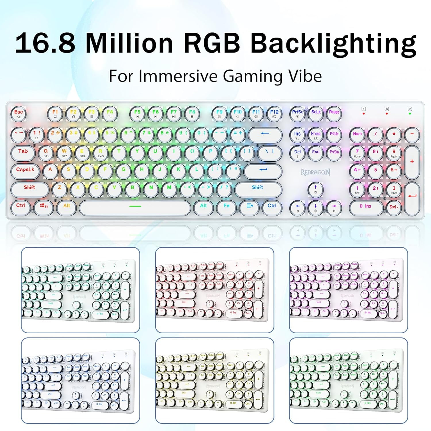Wireless Typewriter Mechanical Gaming Keyboard, Bluetooth/2.4Ghz/Wired, RGB LED Backlit, Blue Switch - Clicky, Rechargeable, Solid Metal Panel, Round Keycaps