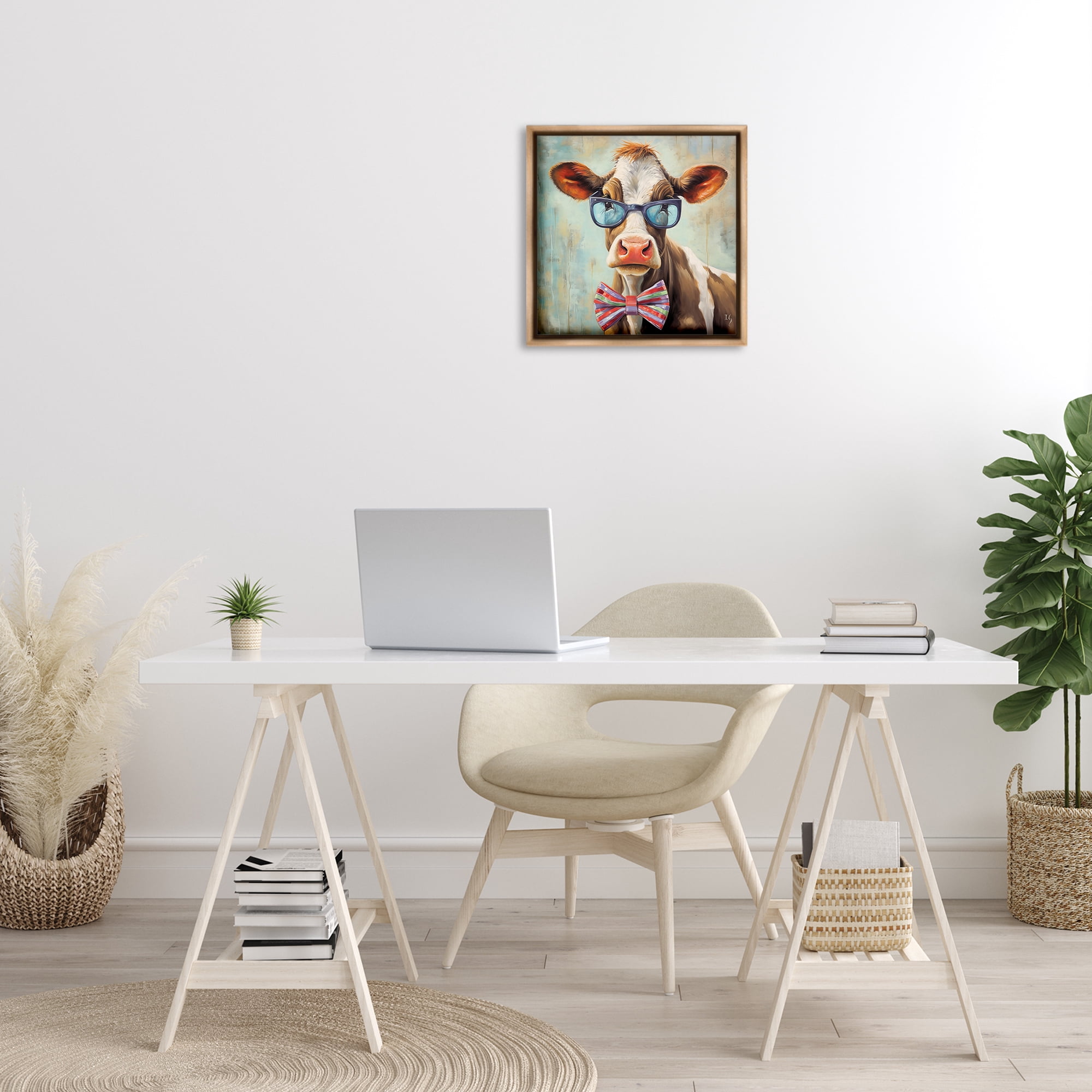 Stupell Industries Hipster Cow with Bowtie Animals & Insects Painting Brown Floater Framed Canvas Art Print Wall Art, 18 x 18