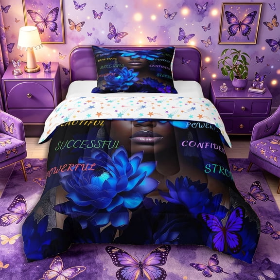 Castle Fairy Black Women Twin Comforter Sets 2pcs,Glam Floral Quote Pattern Bedding Set,Blue Black,1 Comforter and 1 Pillowcase