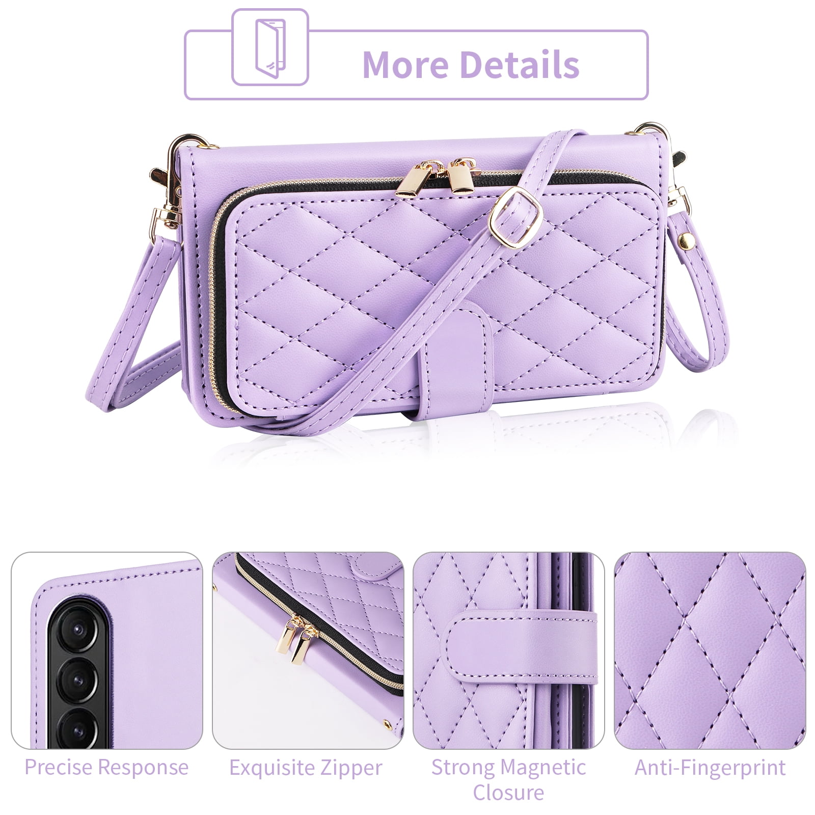 Furiet Wallet Case for Samsung Galaxy Z Fold 4 5G 2022 with Wrist/Shoulder Strap Card Slots Zipper Flip Purse, Luxury PU Leather Stand Phone Cover for ZFold4 Z4 Fold4 4Z ZFold45G Women Girls Purple