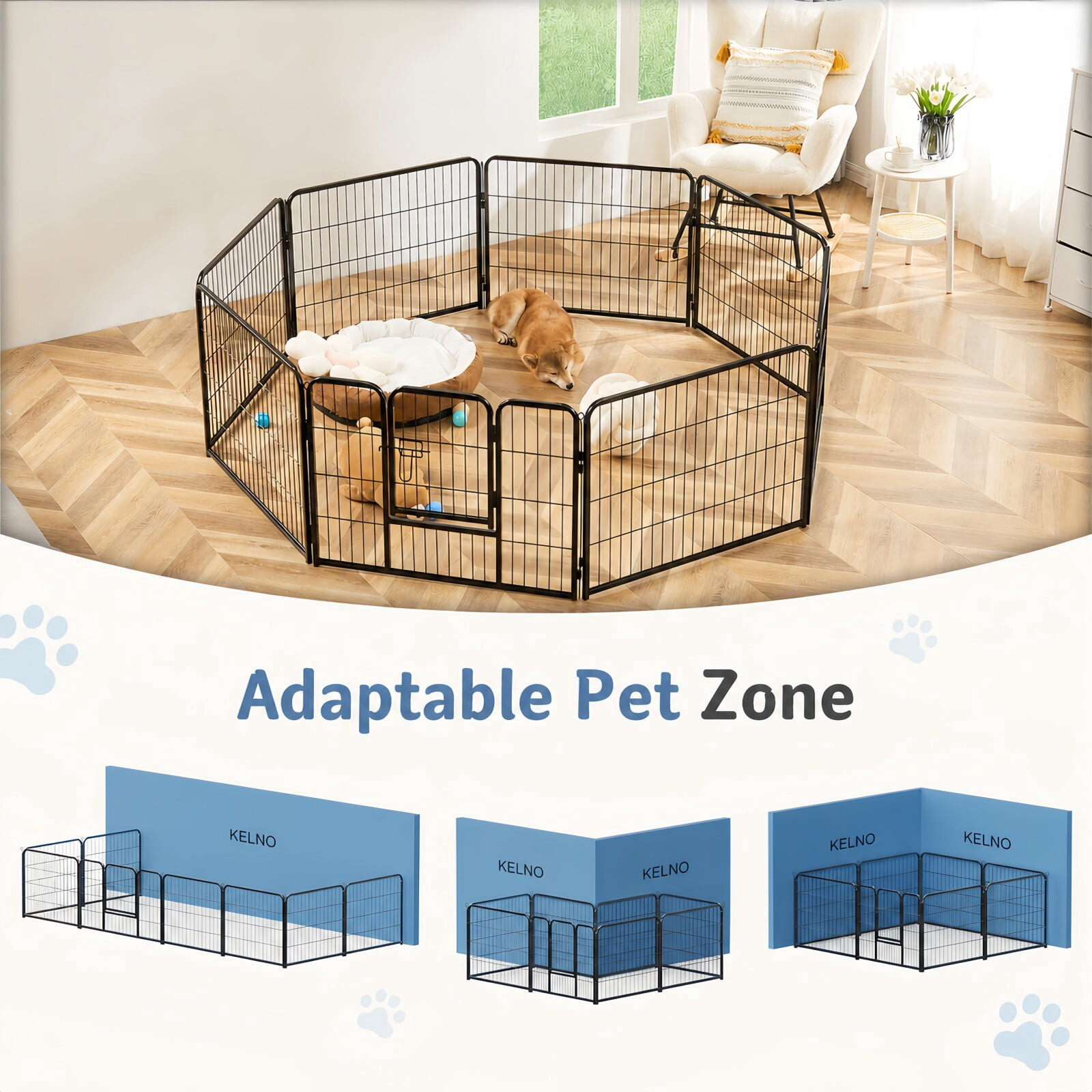 Kelno 24" Tall Dog Playpen 8 Panels Adjustable Metal Pet Fence with Lockable Door Indoor Outdoor Dog Crate Enclosure for Medium Large Dogs