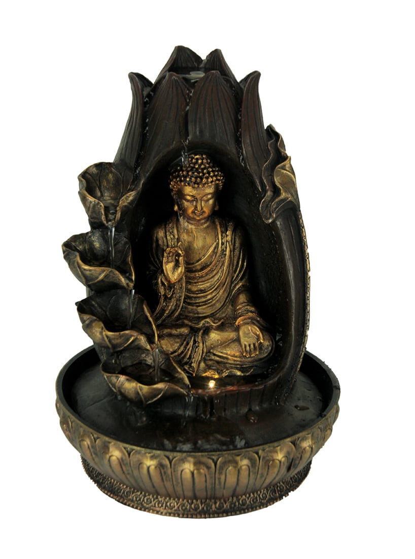 resin meditating buddha on column patio fountain with led light