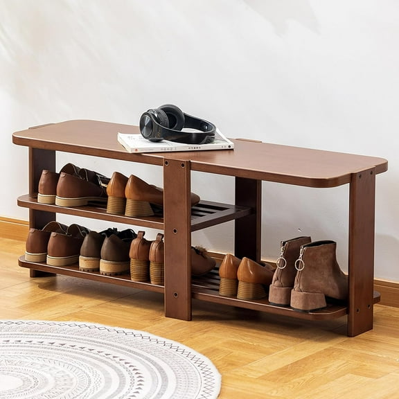 Storage Bench Wooden Shoe Bench Rustic Bamboo Entryway Bench Shoe Rack Bench,Shoe Bench with Storage for Hallway Living Room Bedroom Corridor, Brown (39.9" L x 12.6" W x 15.7" H)