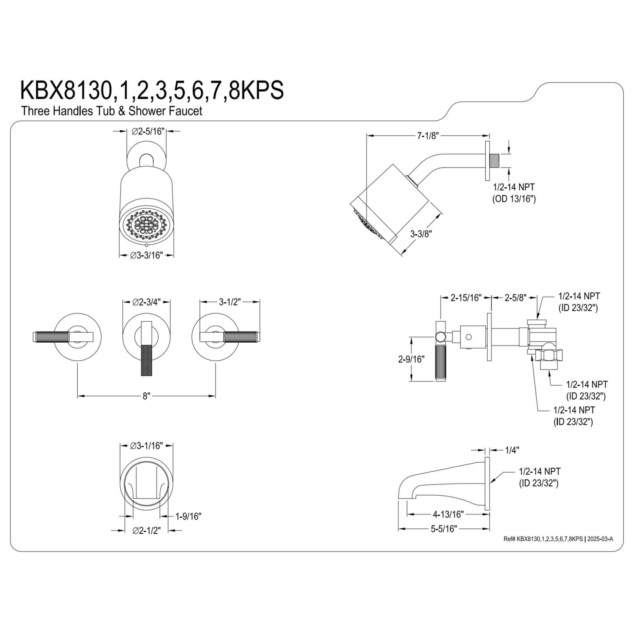 Kingston Brass KBX8138KPS Verona Triple-Handle Tub and Shower Faucet, Brushed Nickel