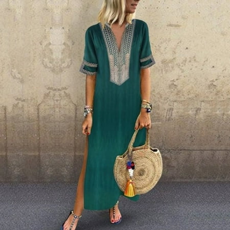 Spring / Summer women's cross-border European and American ethnic style striped V-neck ladies large size short-sleeved t-shirt women Long skirt green