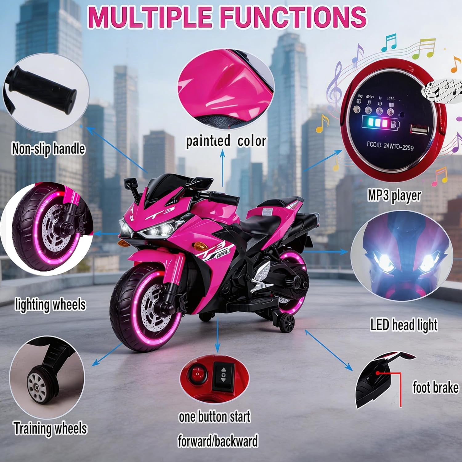 ZOGYMOZ Kids Motorcycle,12V Kids Electric Motorcycle with Training Wheels,Ride On Motorbike, Speed by Hand, Music Function, Max Load 88LB (Pink)