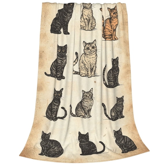 Antique Feline Collection Flannel Blanket - Retro Cat Sketch Grid Fleece Throw for Sofa, Vintage Decor 50x40