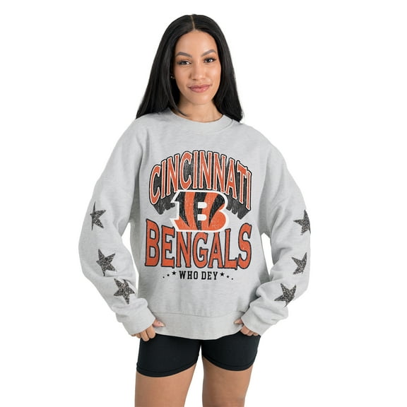 Women's Gameday Couture  Ash Cincinnati Bengals Resilience Relaxed Rhinestone Pullover Sweatshirt