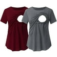 thumbnail image 4 of HANXIULIN Womens Maternity Short Sleeve Crew Neck Solid Color Asymmetrical Flap Nursed Tops Blouse T Shirt for Breastfeeding 2 Pack Red+Gray M, 4 of 9