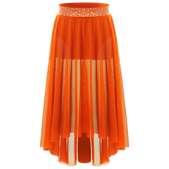 Zaldita Kids Girls Long Sheer Ballet Dance Skirt Shiny Elastic Waist Lyrical Dance Maxi Skirt Ballerina Dancewear Orange 6