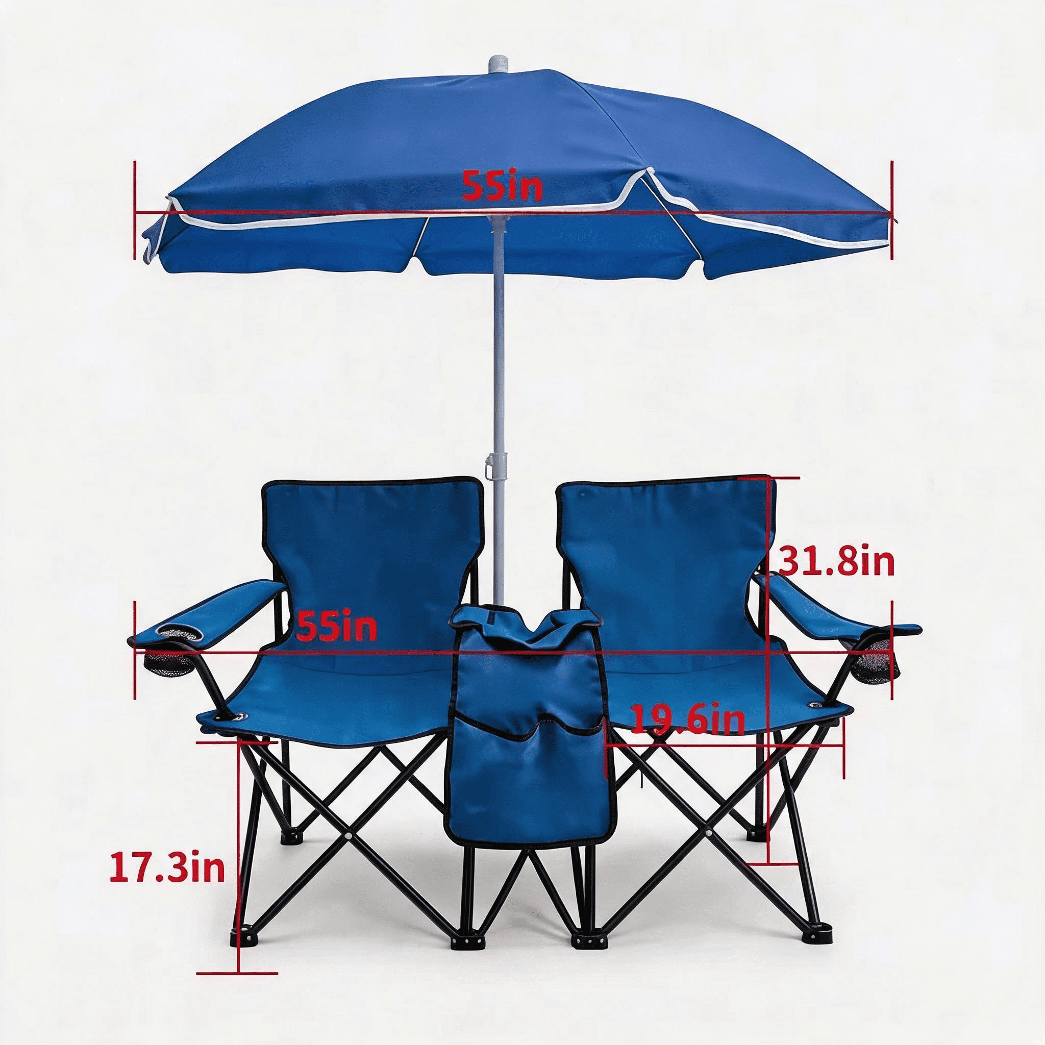 Portable Double Folding Beach Chair Set with Umbrella, 2-Person Outdoor Camping Chair with Cup Holders, Foldable Patio Chair for Picnic, Backyard, Travel, Blue