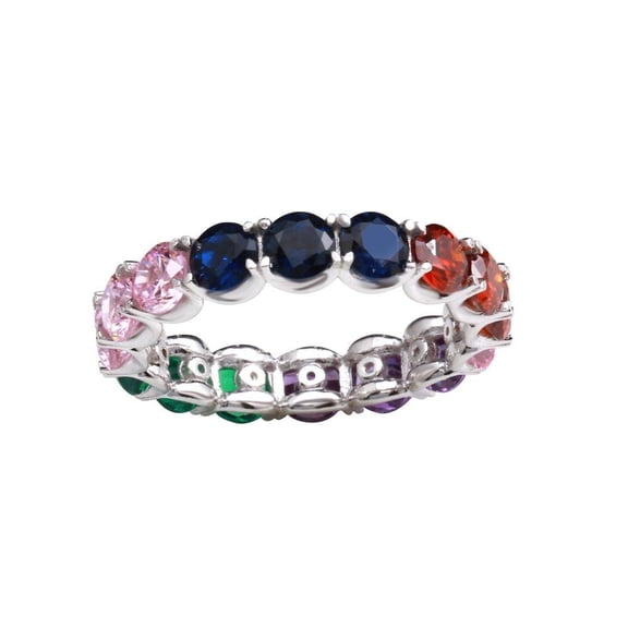 Rhodium Plated 925 Sterling Silver Multi-Colored Round Ring Band Multi-color CZ Female Size 8