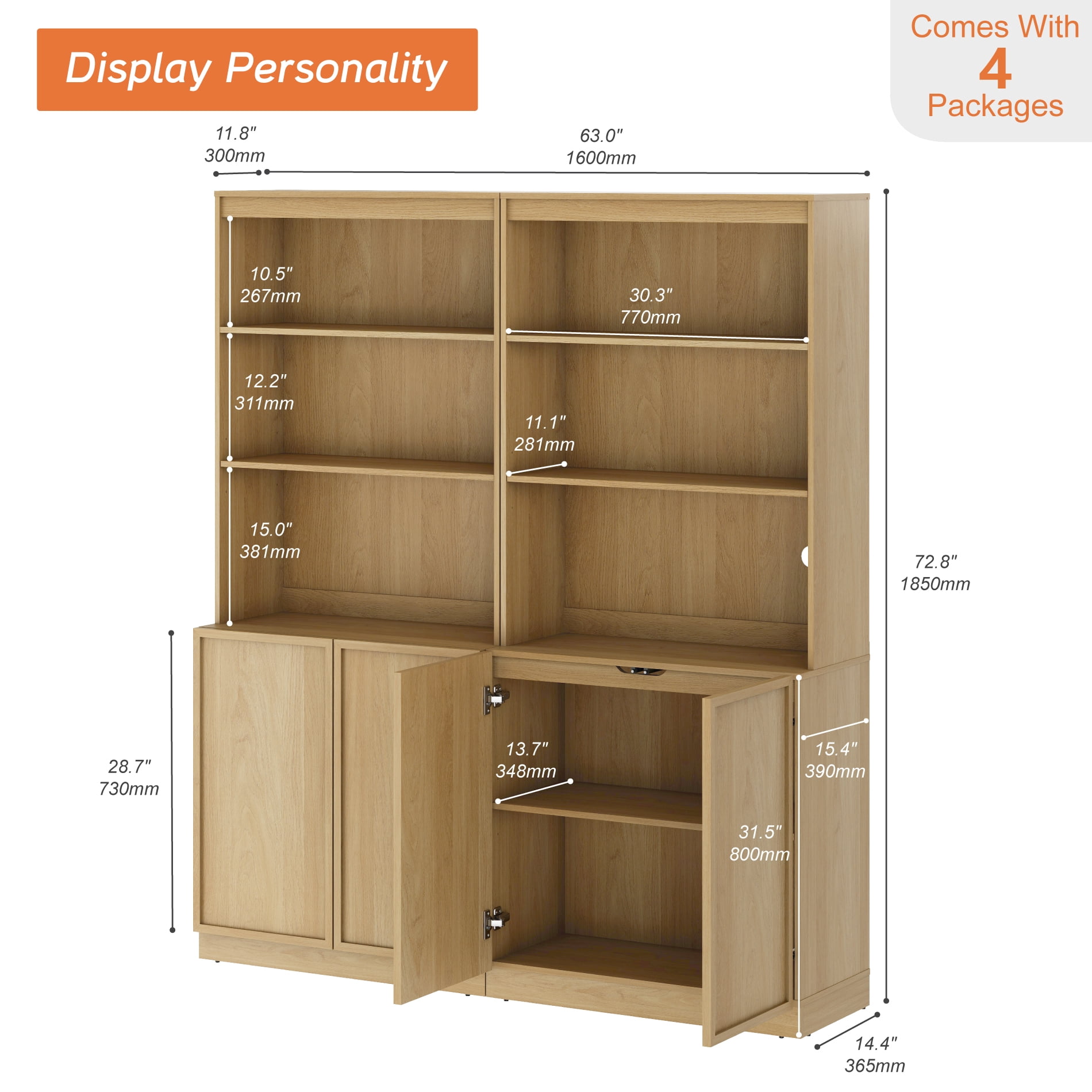 Modern Wood Sideboard Buffet with Doors & Adjustable Shelves, 72" Tall Storage Cabinet for Dining Room Kitchen,Oak