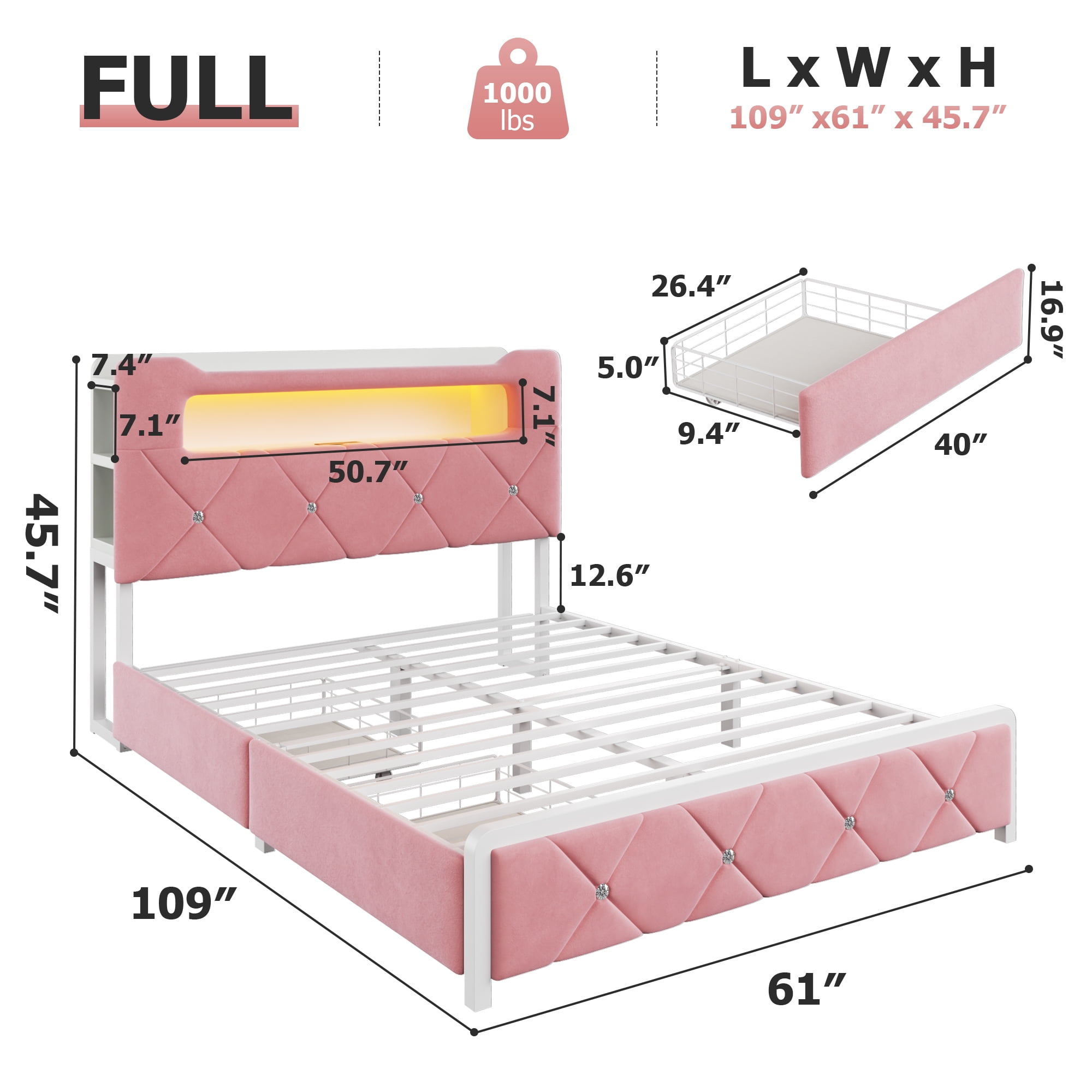 Anyact Full Bed Frame with 2-Tier Storage Headboard, Metal Platform Bed Frame with 2 Storage Drawers, Built in Charging Station & LED, Pink