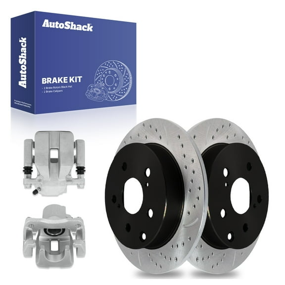 AutoShack Rear Solid Drilled & Slotted E-Coated Brake Rotors   Calipers 4-PC Brake Kit Replacement for 2006-2012 Toyota RAV4 ShadowGuard 11.06" (281 mm)