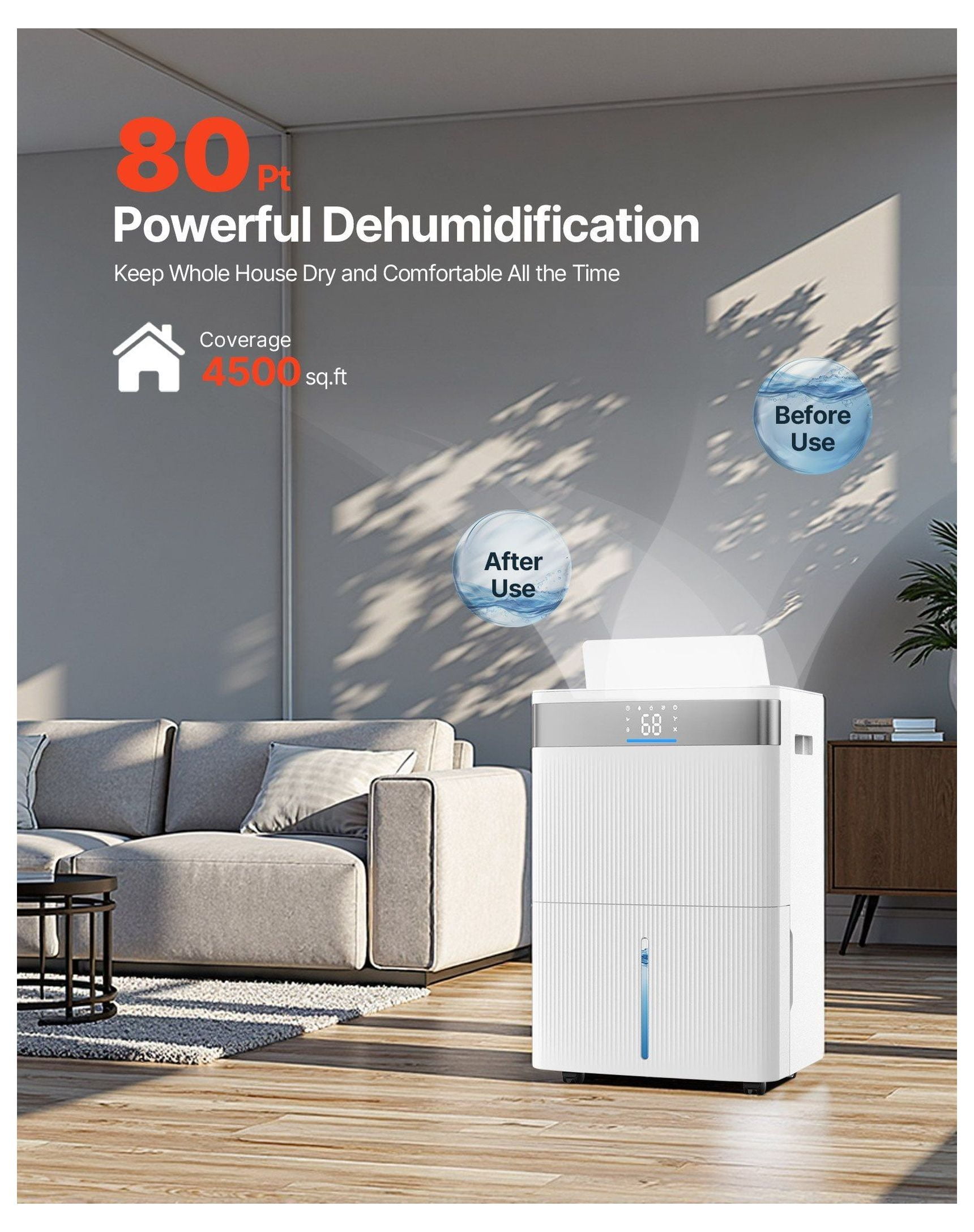 80 Pints Dehumidifier for Home Basement - Smart Control Low Noise - Room Dehumidifier with Auto Mode & LED Display