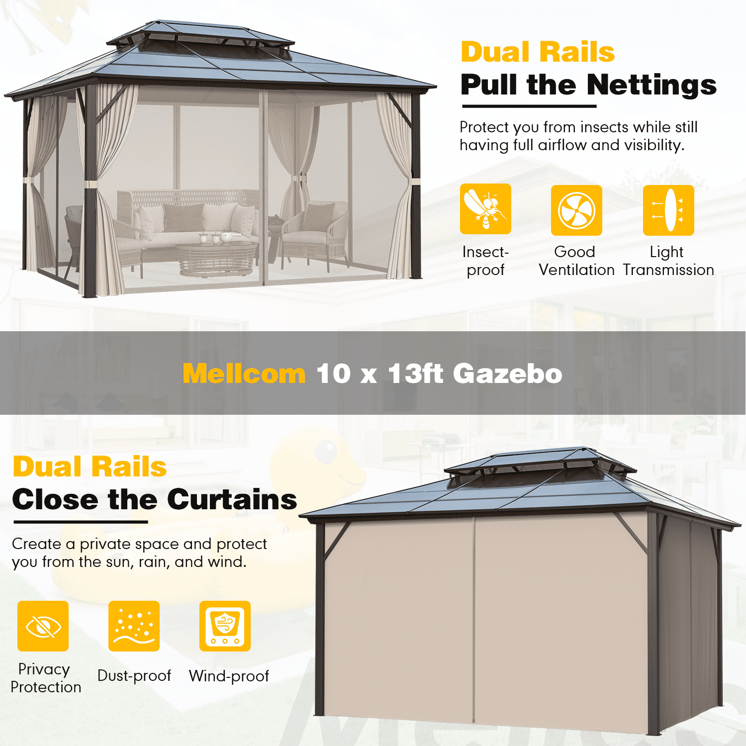 Hommow 10'x13' HardTop Double Roof Gazebo, Outdoor Polycarbonate Patio Gazebo with Aluminum Frame,Curtain