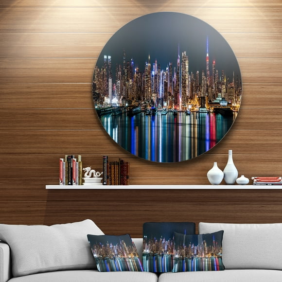 Designart - New York Midtown Night Panorama' Extra Large Metal Circle Wall Art