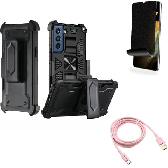6ft USB-C Cable & Case Belt Clip & Privacy Screen Protector for Samsung Galaxy S22 Plus (S22 ) - Combo Pink Charger Cord Power & Holster Swivel Cover & TPU Film (Fingerprint Works) Anti-Peep