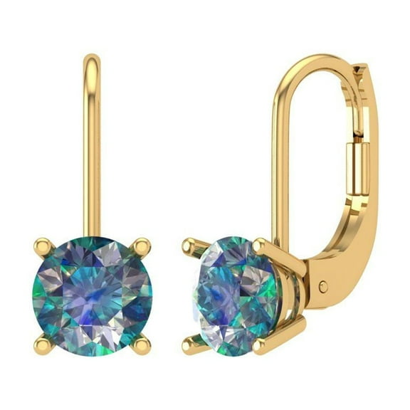 1 ct Lever-Back Drop Dangle Earrings for Women | 5.0mm Round Cut Blue Moissanite | 18K Yellow Gold