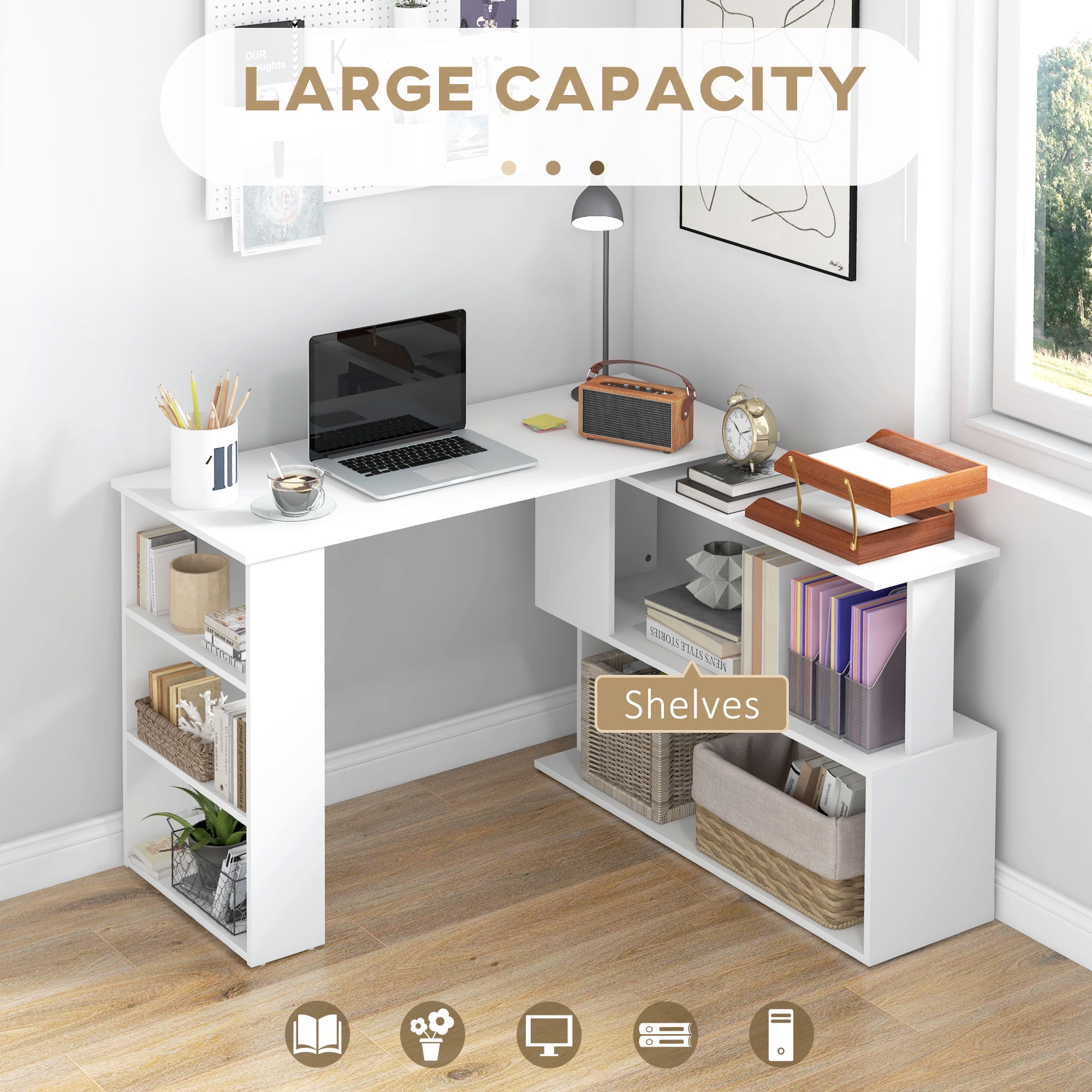 HOMCOM 360° Rotating Home Office Desk L Shaped Corner Computer Desk with Storage Shelves, Writing Table Workstation, White