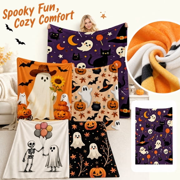 Halloween Throw Blanket with Spooky Ghost and Pumpkin Print, Soft Fleece Throw Blanket for Couch and Bedroom Decor, Cute Fall Decor for Home 1 Pack